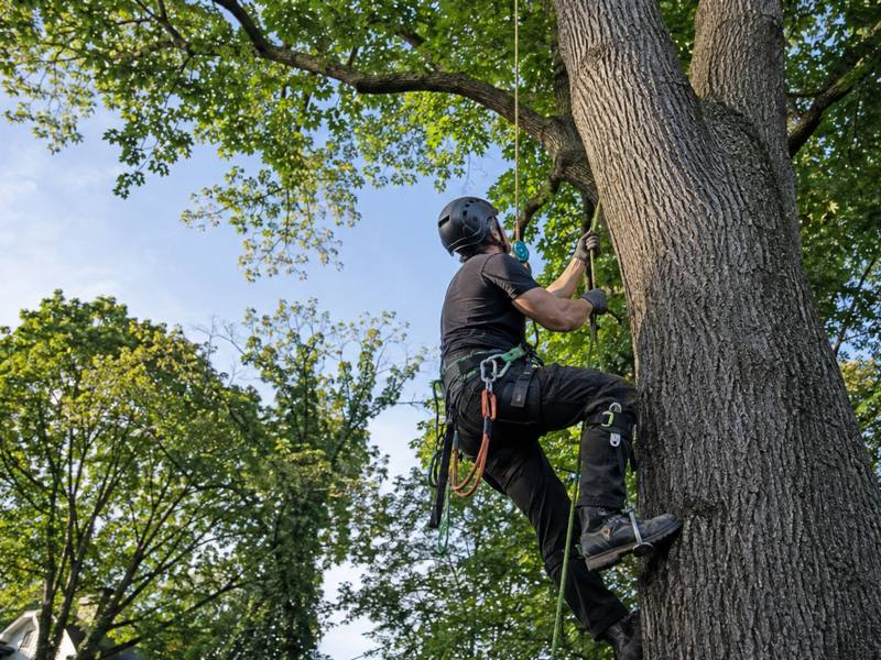 A Sault Ste. Marie Tree Service climber ascending a large tree on rope
