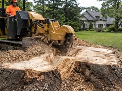 Grinder cutting through the last of a stump in a fenced back yard