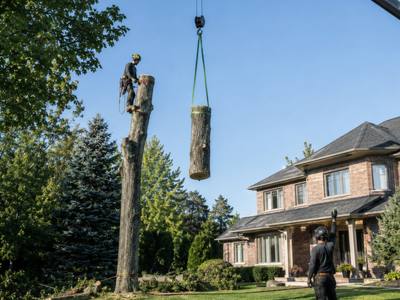Trunk section lifted clear by crane while the climber works down the spar