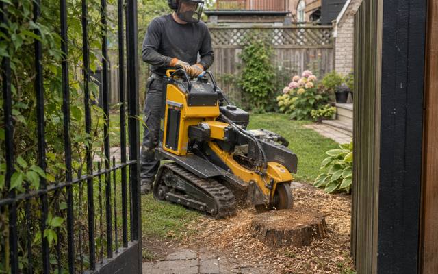 Grinder wheel cutting into a stump with chips coming off the face
