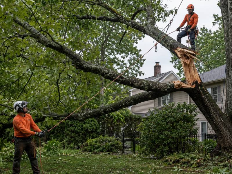 Two-person crew rigging down a limb that failed at a weak union